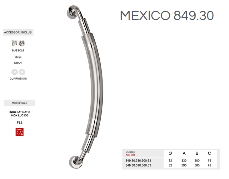 Maniglione MEXICO  in acciaio INOX SATINATO AISI 304 modello  849.30 da 590mm