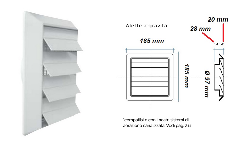 Griglia di aerazione a lamelle mobili gravita' per Ø 100 mm