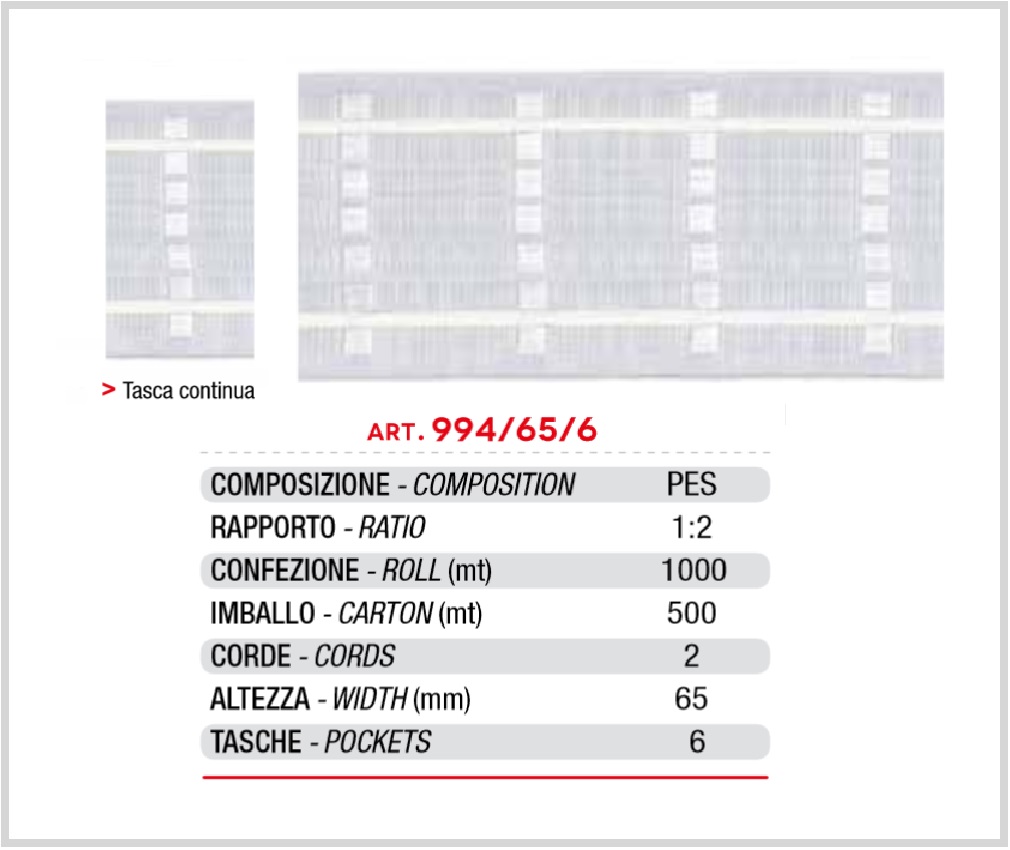 Arricciatende 65mm normale tasche continue