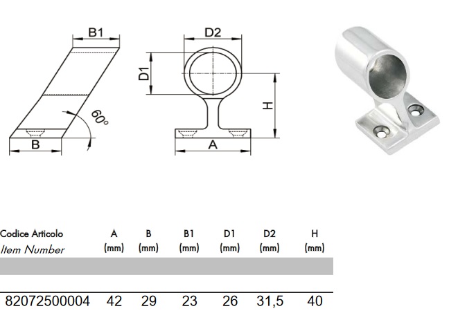 Supporto centrale  per tubo inclinazione 60° Inox  da 25 mm