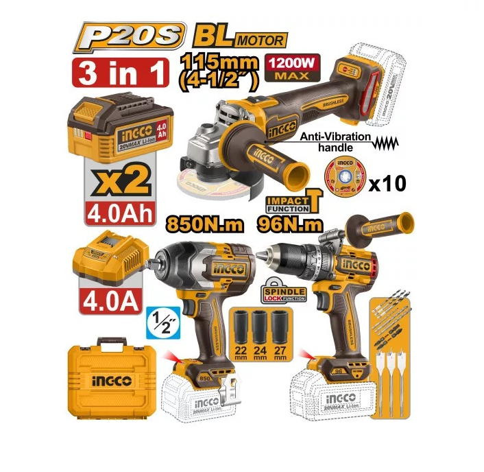 Set di utensili a batteria INGCO – Brushless, 20V (3 pezzi) P20S