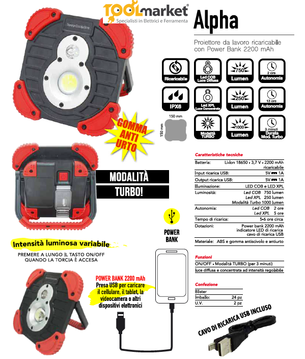 Lampada da lavoro ricaricabile con power bank ALPHA - CFG