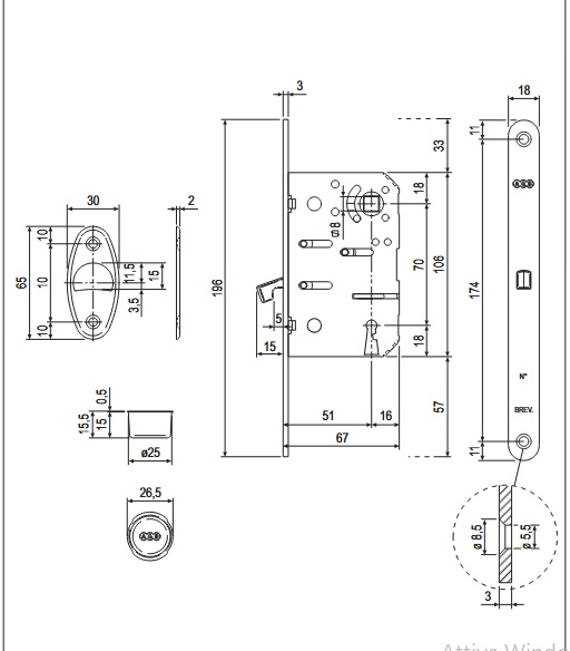 Serratura per porte scorrevoli a gancio B089025034 con quadro maniglia cromo satinata AGB 