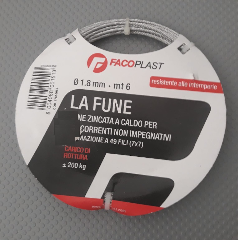 Fune acciaio zincata per Tapparelle Ø1.8 mm  Bobina 6 MT