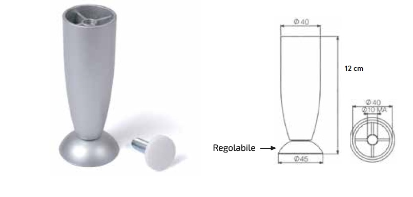 Piede in zama per mobili conico altezza 12 cm  