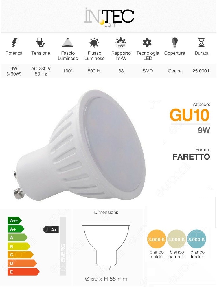 Lampada faretto GU10 LED 9w InTec Light - Variante: Luce calda 3000k