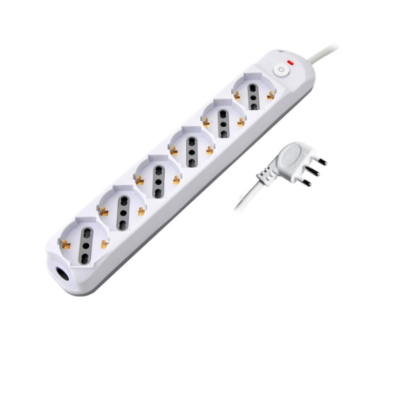 Presa multipla bianca con pulsante, 6 posizioni schuko bipasso 10/16A, spina 90° 16A 2P+T cavo 1,5mt