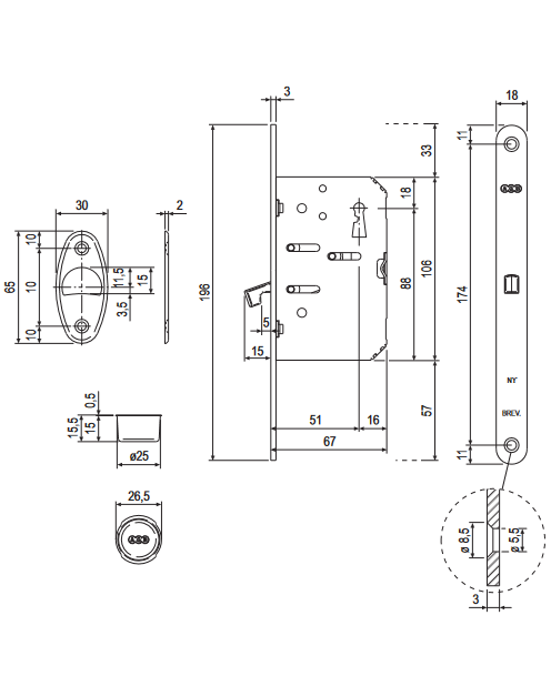 Serratura BO89065034  per porte scorrevoli a gancio con chiave cromo satinata AGB