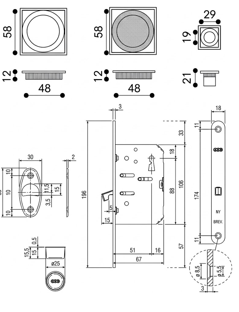 Kit maniglie quadre ad incasso per porte scorrevoli cromo satinato