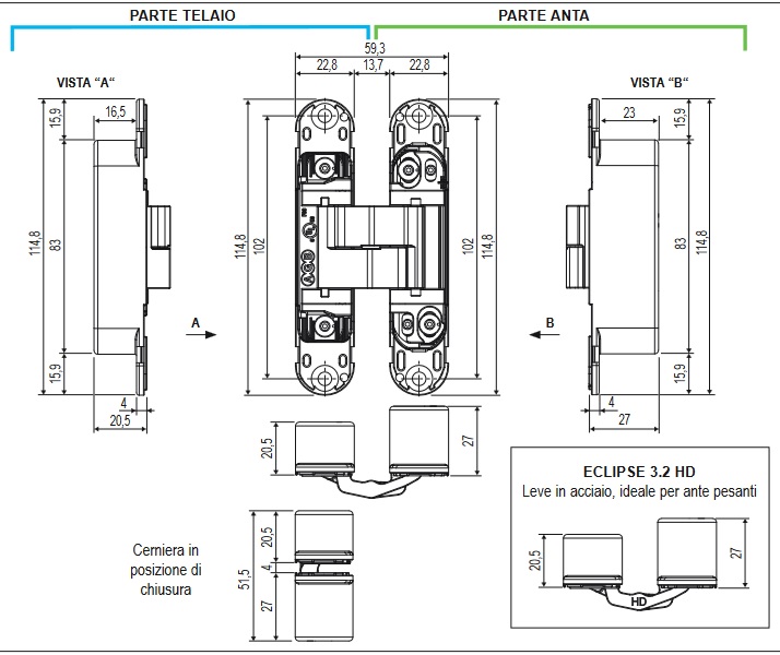 Cerniere scomparsa registrabili Eclipse 3.2 con copertura Ottonata AGB E30200.06.03