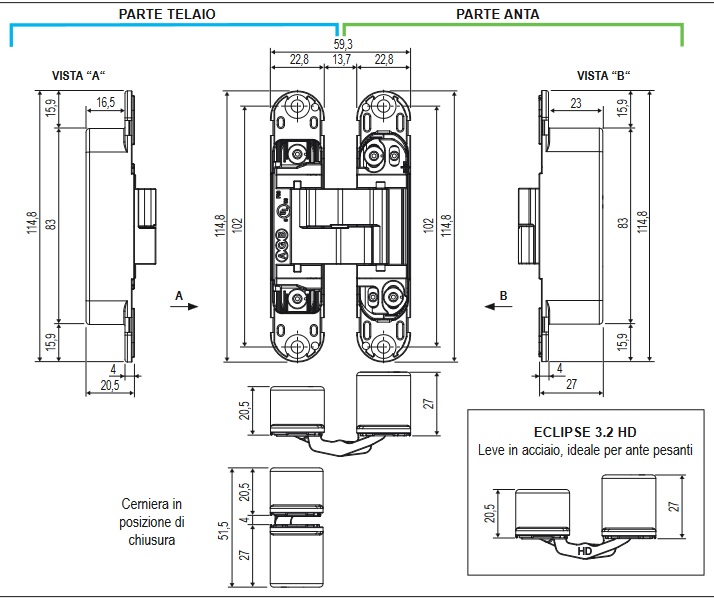 Cerniere scomparsa registrabili Eclipse 3.2 con copertura silver AGB E30200.06.34