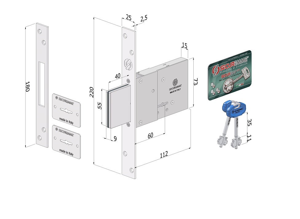 Serratura a doppia mappa da 60 mm ad infilare Securemme 2001XZB6025A32