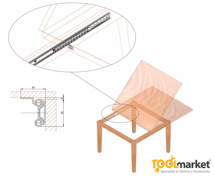 Guide tavolo apertura unilaterale cm95