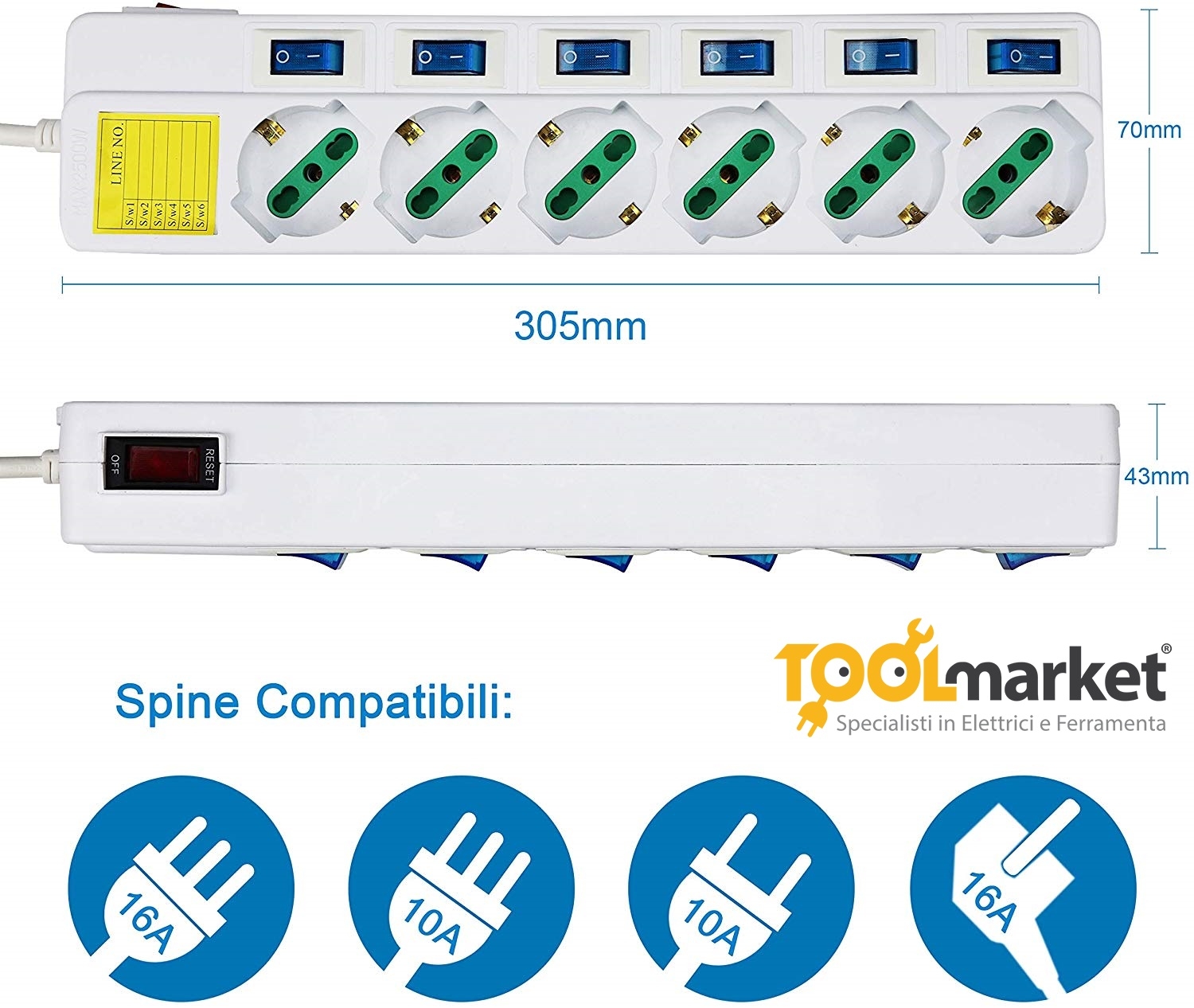 Multipresa elettrica 6 Posti 10/16A Bipasso Schuko 250V con interruttori indipendenti - MELCHIONI