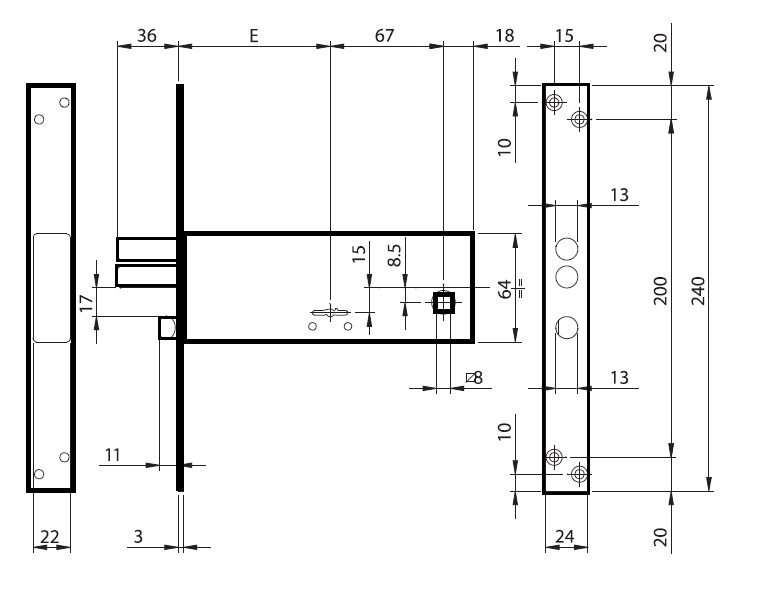 Serratura per fascia frontale  961152 INOX mm 25