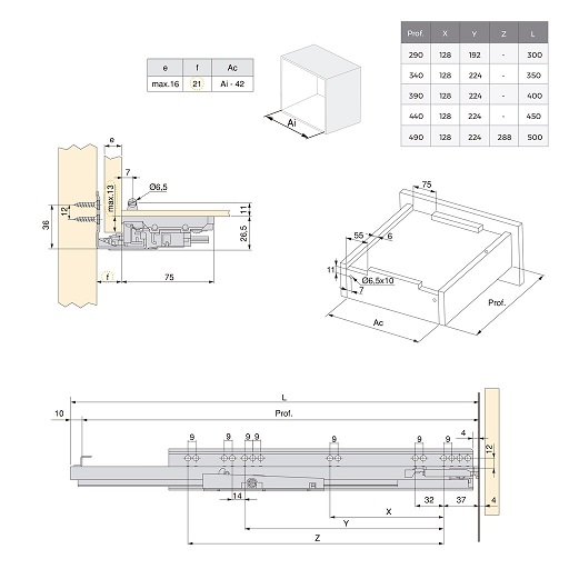 Guide cassetti a scomparsa Push  premi apri ad estrazione totale art 3230
