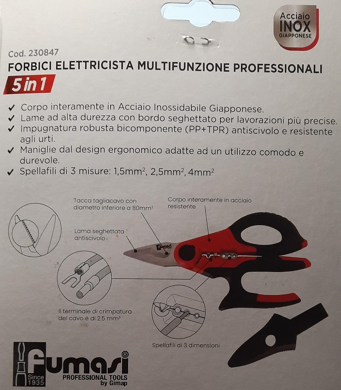 Forbice per elettricista Fumasi 5 in 1 in inox con fodero