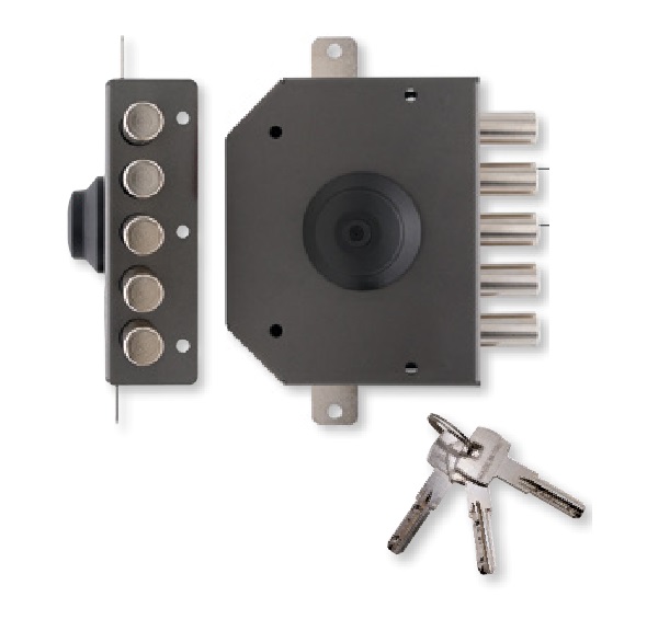 Serratura di sicurezza sovrapposta T1450.60 con pomolo interno per porta in legno  