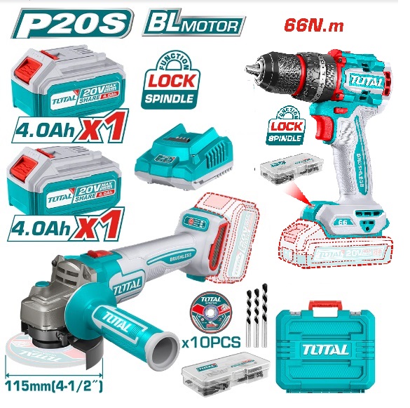 Set Avvitatore + Smerigliatrice Angolare 115 mm, Brushless 20V TOTAL TCKLI20273E
