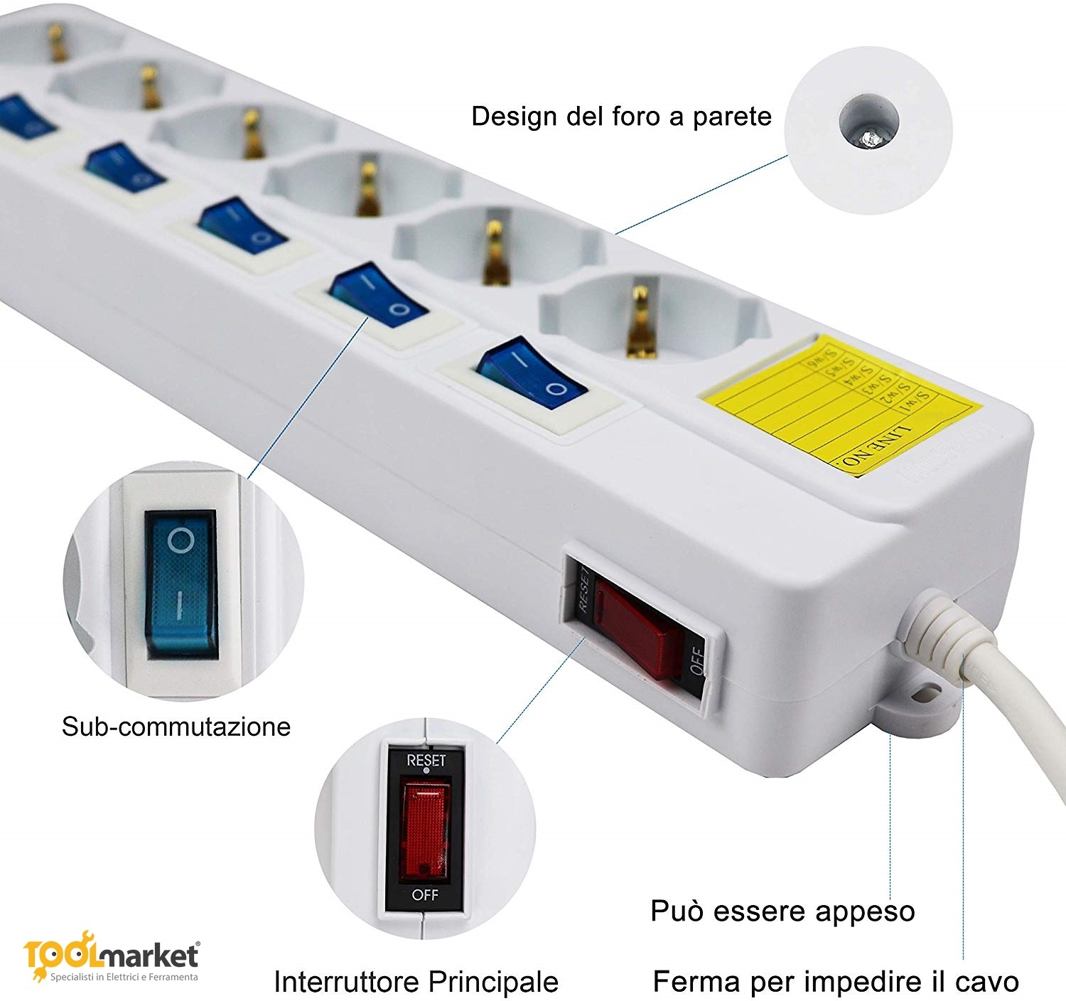 Multipresa elettrica 6 Posti 10/16A Bipasso Schuko 250V con interruttori indipendenti - MELCHIONI