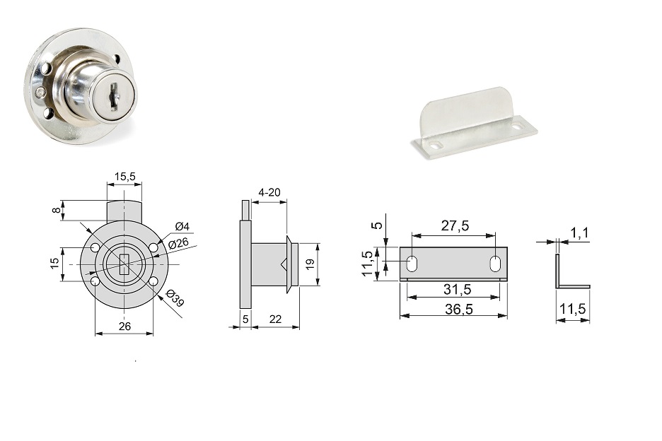 Serratura ad incasso tonda con cilindro  19 X 22 cromato Emuca 2031211
