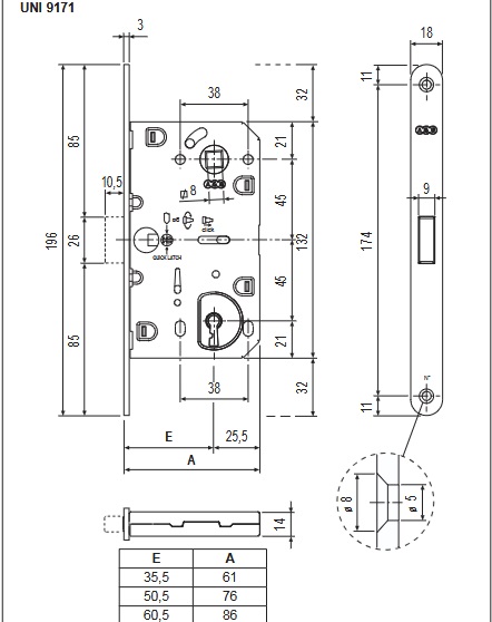 Serratura patent Polaris bronzata B061015042 entrata  50 mm 