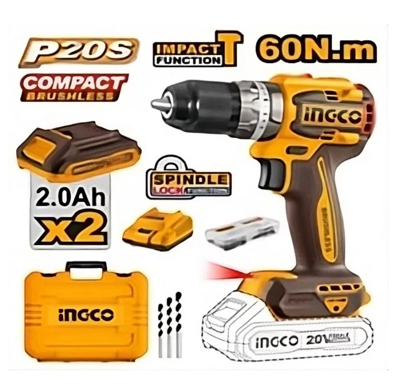 Trapano A Percussione 20v Compact Brushless Con 2 Batterie CIDLI20602E Ingco