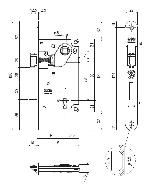 Serratura Centro AGB B0110350xx frontale 22 mm + contropiastra 
