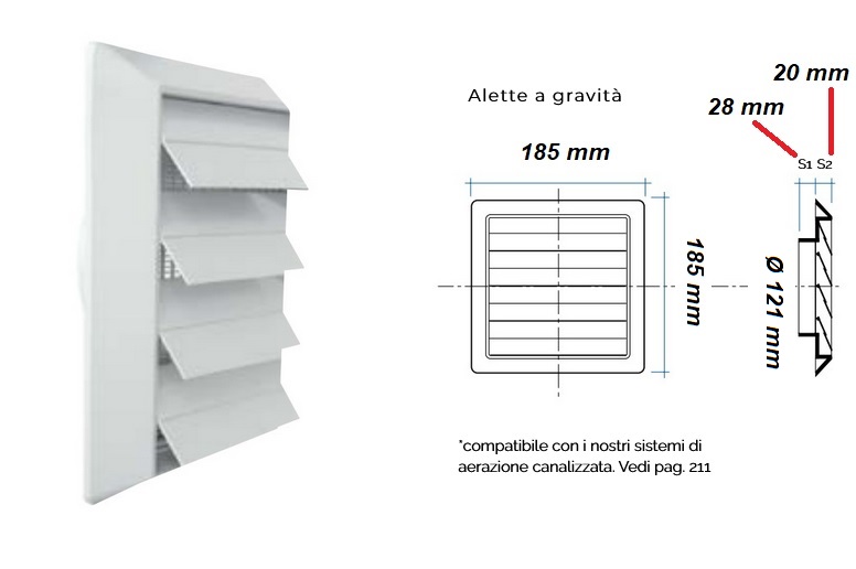 Griglia di aerazione a lamelle mobili gravita' per Ø 125 mm 