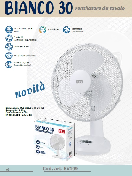 Ventilatore da tavolo diametro 30 cm bianco  ev109