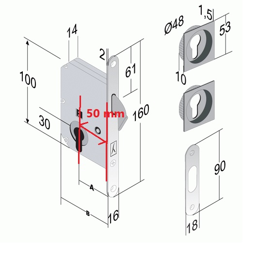 Kit per porta scorrevole con serratura a gancio cilindro quadro yale cromostainato - 