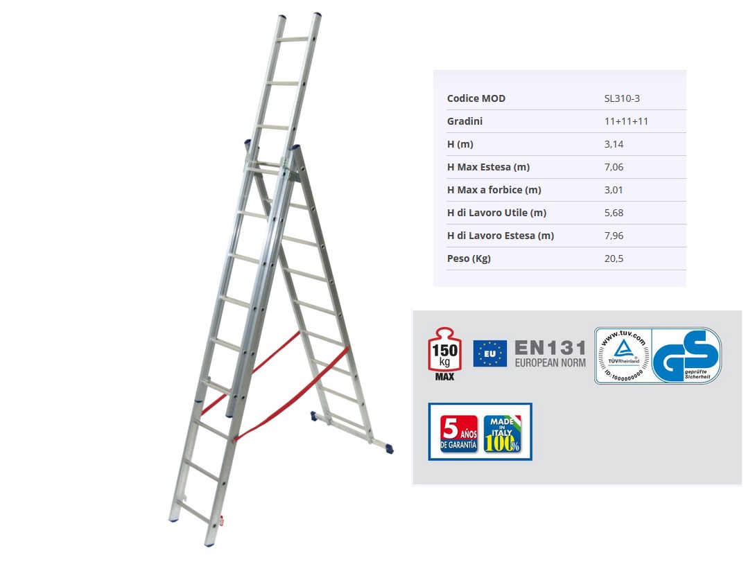 Scala 3 elementi allungabile  alluminio gradini 11+11+11 	SL310-3