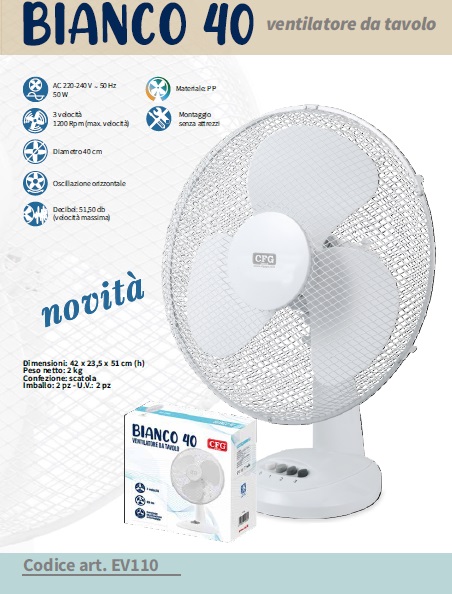 Ventilatore da tavolo diametro 40 cm bianco 