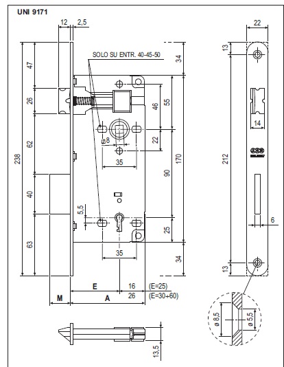 Serratura patent grande bronzata distanza 90 AGB