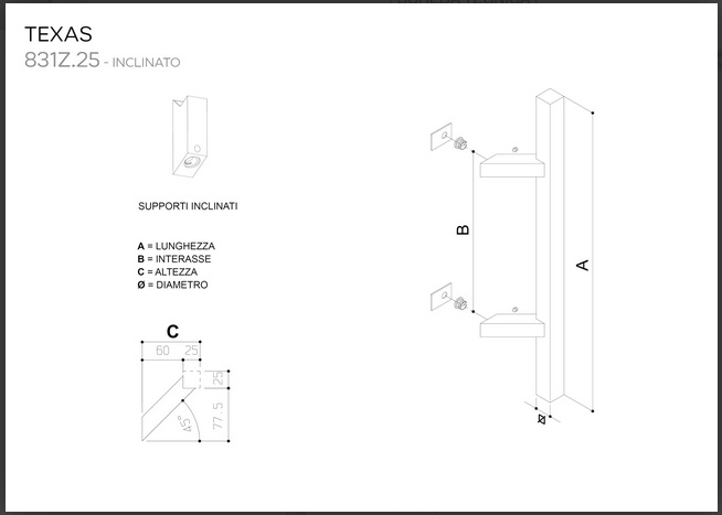 Maniglione in acciaio TEXAS 831Z.25  inox satinato AISI 304 modello inclinato da 500mm