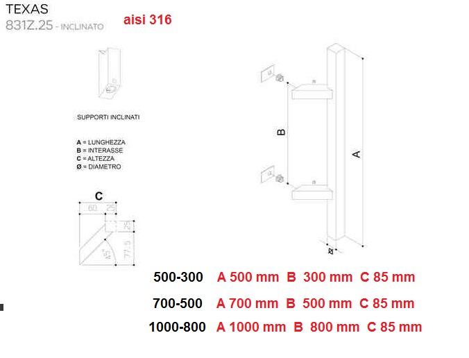 Maniglione  in acciaio inox AISI 316  TEXAS 831Z  inclinato 62  Fimet