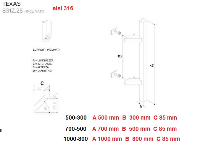 Maniglione  in acciaio inox AISI 316  TEXAS 831Z  inclinato 6  Fimet