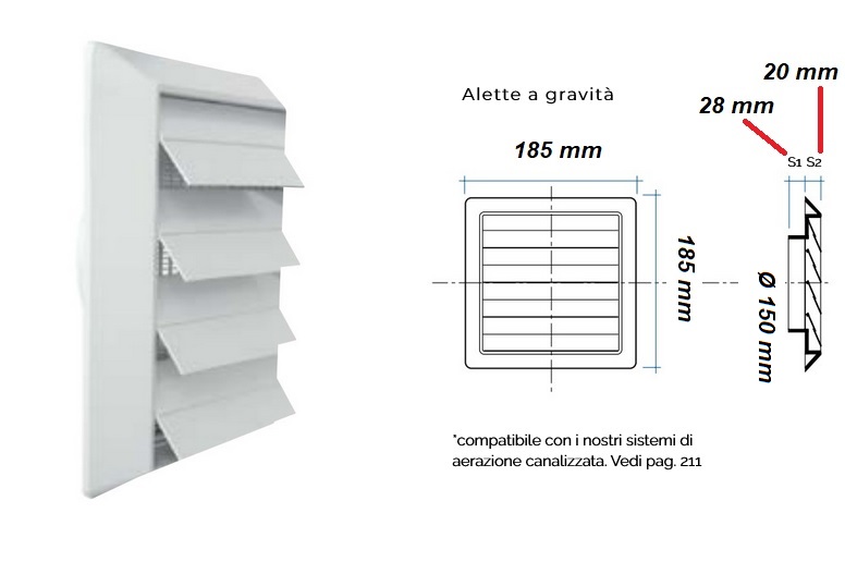 Griglia di aerazione a lamelle mobili gravita' per Ø 150 mm 