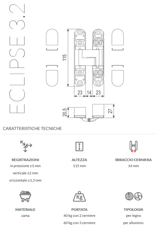 Cerniere scomparsa registrabili Eclipse 3.2 con copertura Ottonata AGB E30200.06.03