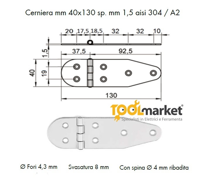 Cerniera 2 ante stampata inox Aisi304