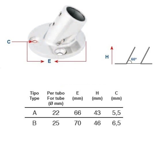 Base per tubo inclinazione 60° Inox