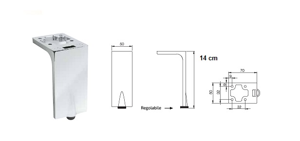 Piede in zama per mobili rettangolare altezza 14 cm 