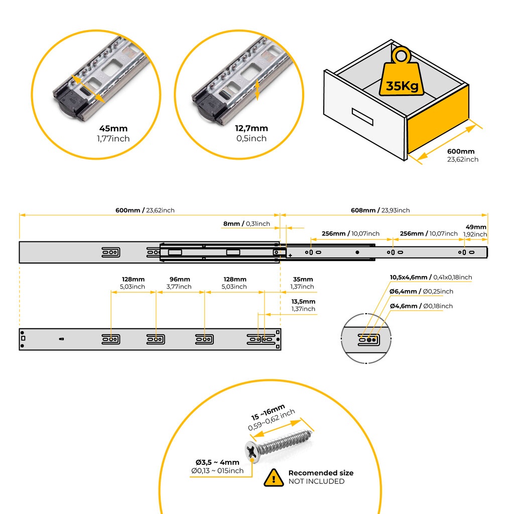 Guide estrazione totale  e chiusura soft, altezza 45 mm EMUCA