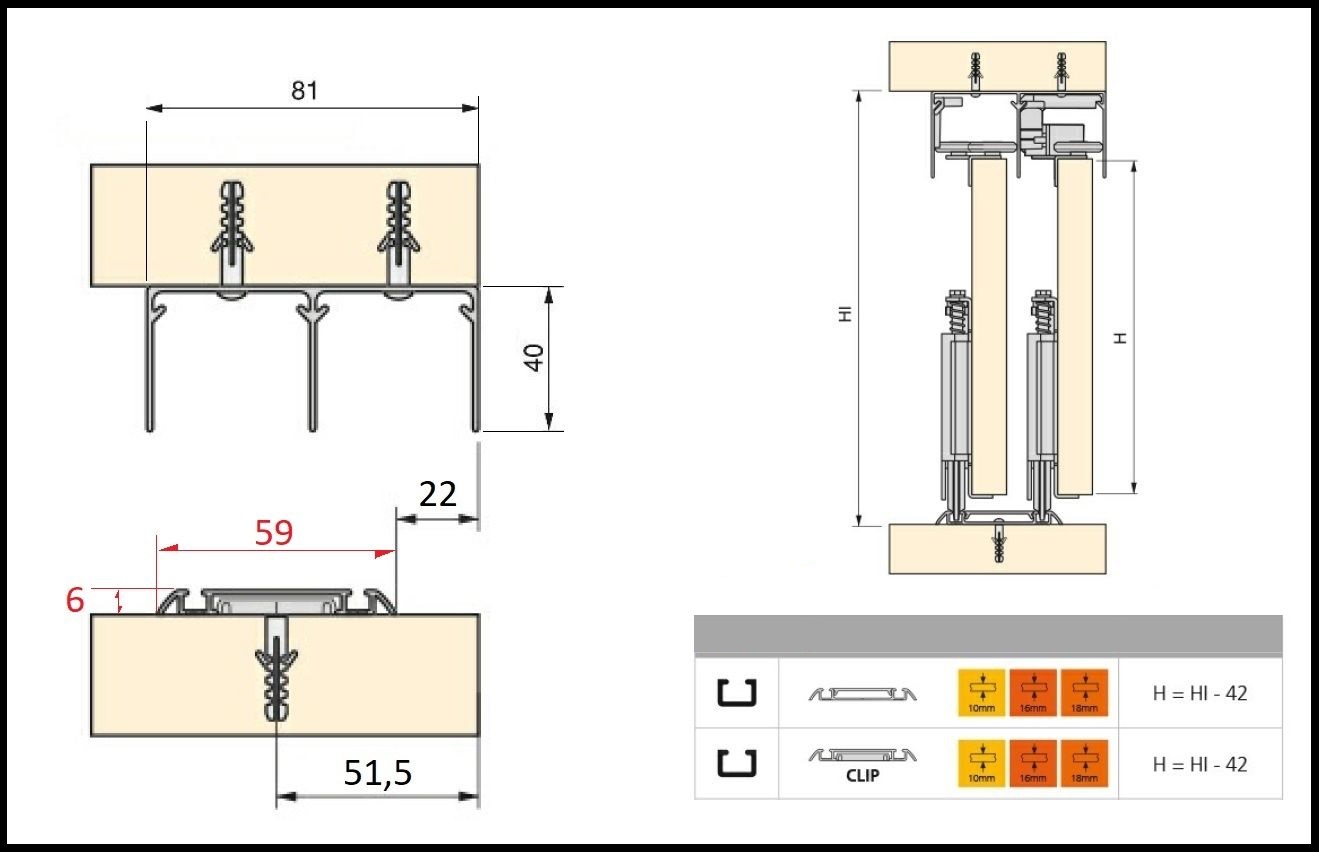 Kit  PLACARD 2 ante SOFT scorrevole armadi  con guide da 3 metri